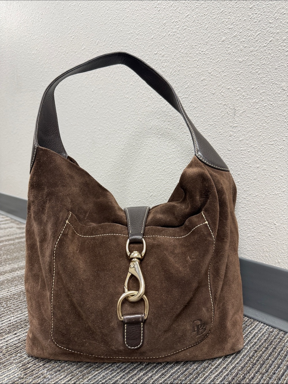 Vintage Dooney & Bourke Brown Suede Slutchy Hobo with Brass Clip-EUC